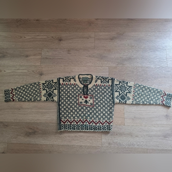 RARE VTG 90s Ralph Lauren Country Cropped Wool Nordic Sweater Large Green Cream - Picture 2 of 11